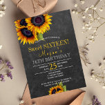 Krijtbord zonnebloemen chique rustiek zoet zestien kaart<br><div class="desc">Floral elegante herfst sweet sixteen / 16e verjaardagsfeestuitnodiging sjabloon op donkergrijs krijtbord met boeketten van geel gouden zonnebloemen. Vul uw gegevens in de spots in, U kunt ervoor kiezen om het verder aan te passen door lettertypen en kleuren van belettering te wijzigen. — De uitnodiging is geschikt voor het einde...</div>