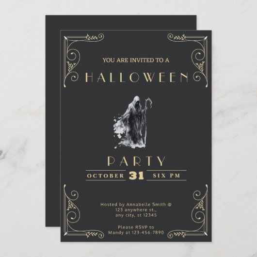 Krijtbord Zwart & Goud Grim Reaper Halloween Kaart (Voorkant / Achterkant)