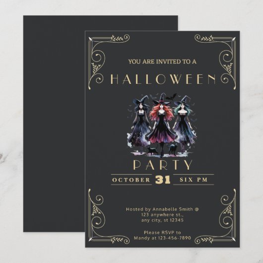 Krijtbord Zwart & Goud Heksen Vleermuizen Hallowee Kaart (Voorkant / Achterkant)