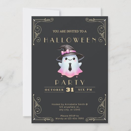 Krijtbord Zwart & Goud Roze Wit Spook Halloween Kaart (Voorkant)