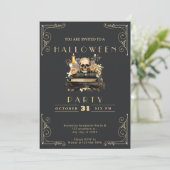 Krijtbord Zwart & Goud Schedel Rozen Halloween Kaart (Staand voorkant)