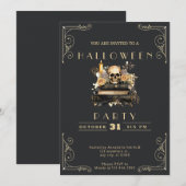 Krijtbord Zwart & Goud Schedel Rozen Halloween Kaart (Voorkant / Achterkant)