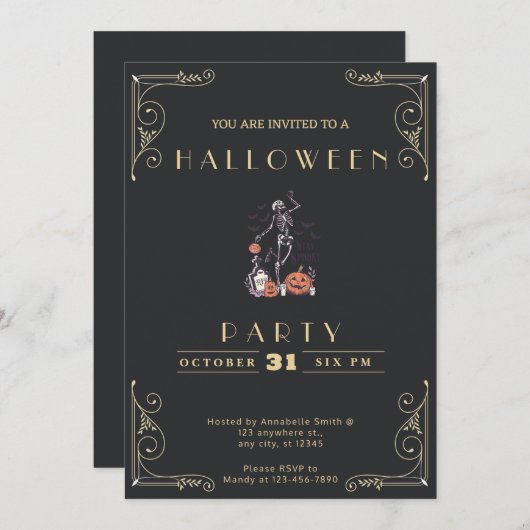 Krijtbord Zwart & Goud Skelet Graf Halloween Kaart (Voorkant / Achterkant)