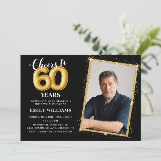 Krijtbord zwarte gouden ballonnen 60e verjaardag f kaart (Staand voorkant)