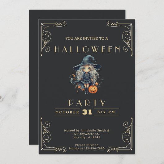 Krijtbord Zwarte & Gouden Heksenpompoen Halloween Kaart (Voorkant / Achterkant)