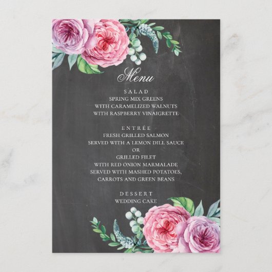 Krijtbordbruiloft. Boho tuin roze bloemen Menu (Voorkant)