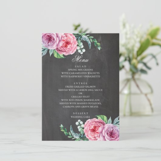 Krijtbordbruiloft. Boho tuin roze bloemen Menu (Staand voorkant)
