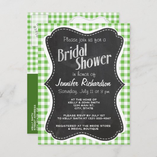 krijtbordlook, groen gecontroleerd; Gingham Uitnodiging Briefkaart (Voorkant / Achterkant)