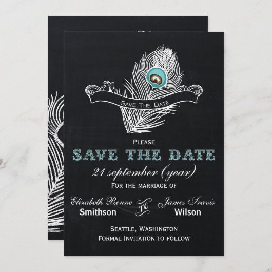 krijtbordpauw, bespaart de datum save the date (Voorkant / Achterkant)