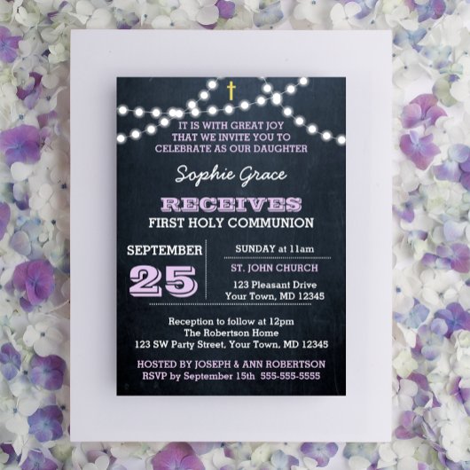 Krijtbordverlichting Lila Eerste Heilige Communie Kaart