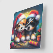 Krijttekening Twee Knuffel Puppies met Kerstmannen Vierkante Klok (Hoek)