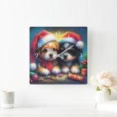 Krijttekening Twee Knuffel Puppies met Kerstmannen Vierkante Klok (Huis)