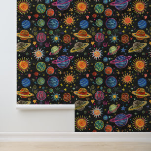 Krijttekening van zonnestelsel op zwart bord behang
