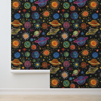 Krijttekening van zonnestelsel op zwart bord behang