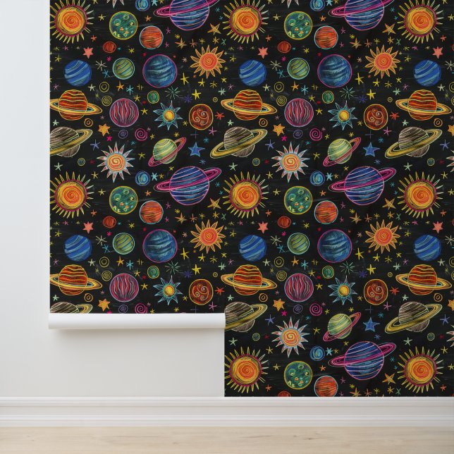 Krijttekening van zonnestelsel op zwart bord behang (Applicatie)