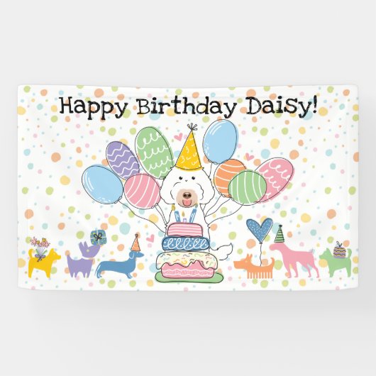 Krijtwitte Labradoodle Hond Verjaardagsfeest Spandoek (Horizontaal)