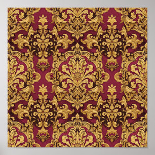 Krimson Gouden Barok Damast Patroon Poster