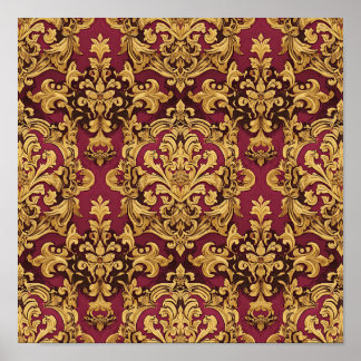 Krimson Gouden Barok Damast Patroon Poster