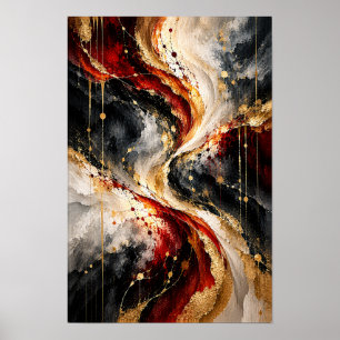 Krimson Zwart Goud Wervelend Abstract Wandkunst Poster