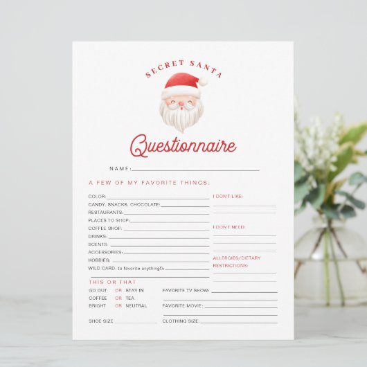 KRIS Christmas Secret Santa Questionnaire Kaart (Staand voorkant)