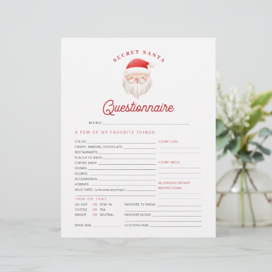 KRIS Kerst Geheim Santa Vragenlijst Kaart (Staand voorkant)