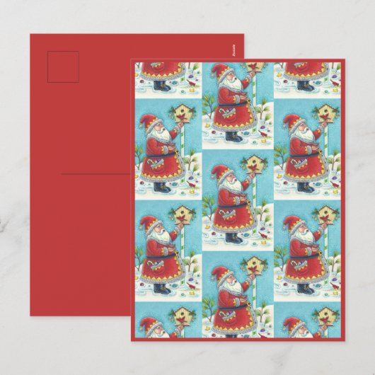 KRIS KRINGLE FEEDING REDBIRDS, CHRISTMAS BIRDHOUSE FEESTDAGENKAART (Voorkant / Achterkant)