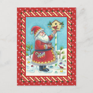 KRIS KRINGLE FEEDING REDBIRDS, CHRISTMAS BIRDHOUSE FEESTDAGENKAART