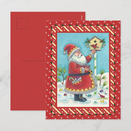 KRIS KRINGLE FEEDING REDBIRDS, CHRISTMAS BIRDHOUSE FEESTDAGENKAART (Voorkant / Achterkant)