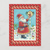 KRIS KRINGLE FEEDING REDBIRDS, CHRISTMAS BIRDHOUSE FEESTDAGENKAART (Voorkant)