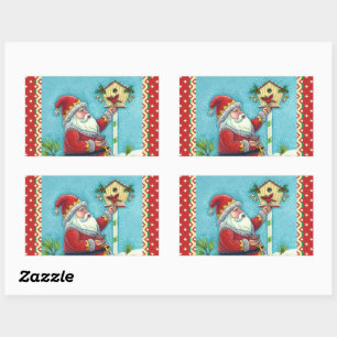 KRIS KRINGLE FEEDING REDBIRDS, CHRISTMAS BIRDHOUSE RECHTHOEKIGE STICKER