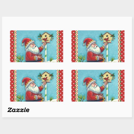 KRIS KRINGLE FEEDING REDBIRDS, CHRISTMAS BIRDHOUSE RECHTHOEKIGE STICKER (Vel)