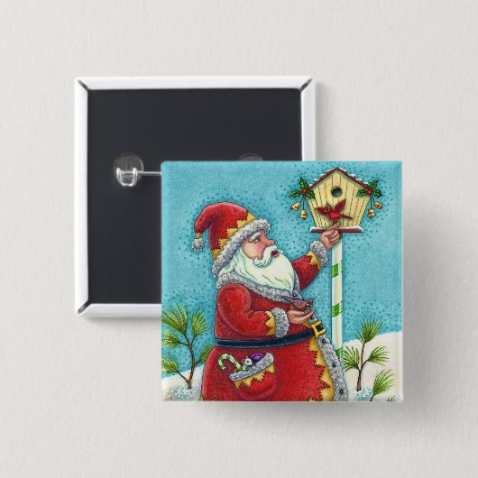 KRIS KRINGLE FEEDING REDBIRDS, CHRISTMAS BIRDHOUSE VIERKANTE BUTTON 5,1 CM (Voorkant /achterkant)