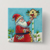 KRIS KRINGLE FEEDING REDBIRDS, CHRISTMAS BIRDHOUSE VIERKANTE BUTTON 5,1 CM (Voorkant)