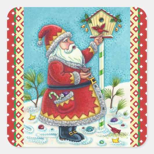 KRIS KRINGLE FEEDING REDBIRDS, CHRISTMAS BIRDHOUSE VIERKANTE STICKER (Voorkant)