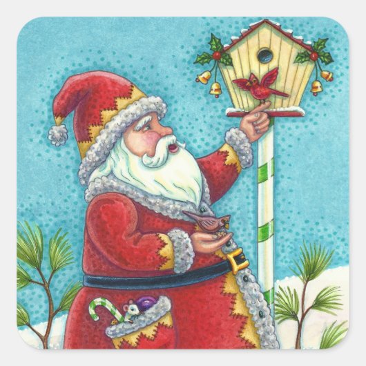 KRIS KRINGLE FEEDING REDBIRDS, CHRISTMAS BIRDHOUSE VIERKANTE STICKER (Voorkant)