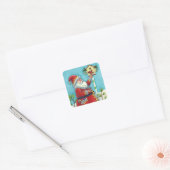 KRIS KRINGLE FEEDING REDBIRDS, CHRISTMAS BIRDHOUSE VIERKANTE STICKER (Envelop)