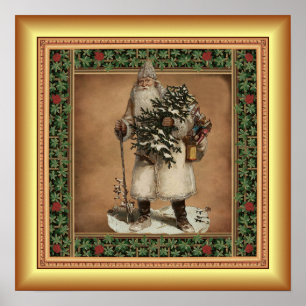 Kris Kringle ~ Kerstboom ~ Gouden achtergrond ~ Poster