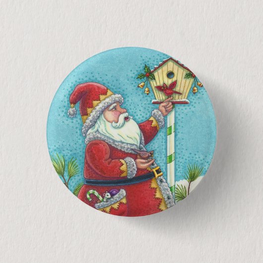KRIS KRINGLE REDBIRDS, CHRISTMAS BIRDHOUSE BUTTON (Voorkant)