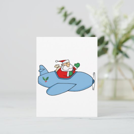 Kris Kringle vliegt met zijn kerstvliegtuig Feestdagenkaart (Staand voorkant)