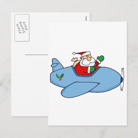 Kris Kringle vliegt met zijn kerstvliegtuig Feestdagenkaart (Voorkant / Achterkant)