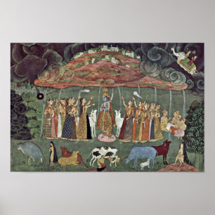 Krishna en de bergen Govardhan door Shahadin Poster