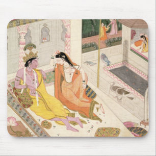 Krishna en Radha op een bed in een Mogul palace in Muismat