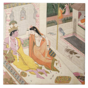 Krishna en Radha op een bed in een Mogul palace in Tegeltje