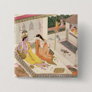 Krishna en Radha op een bed in een Mogul palace in Vierkante Button 5,1 Cm
