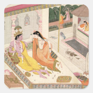 Krishna en Radha op een bed in een Mogul palace in Vierkante Sticker
