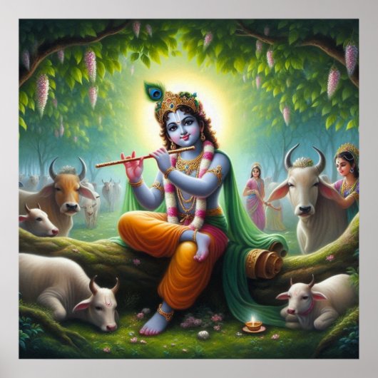 Krishna Fluitspelend Onder Kadamba Boom Poster (Voorkant)