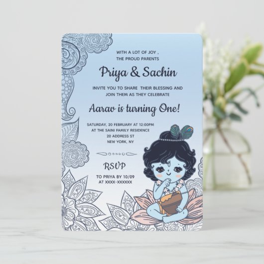 Krishna Hindu Style Birthday Party Kaart (Staand voorkant)