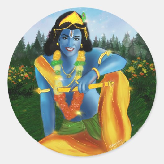 Krishna in de tuin ronde sticker (Voorkant)