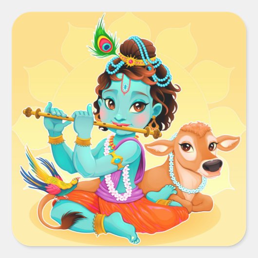 Krishna Indian God speelde flute illustratie Vierkante Sticker (Voorkant)
