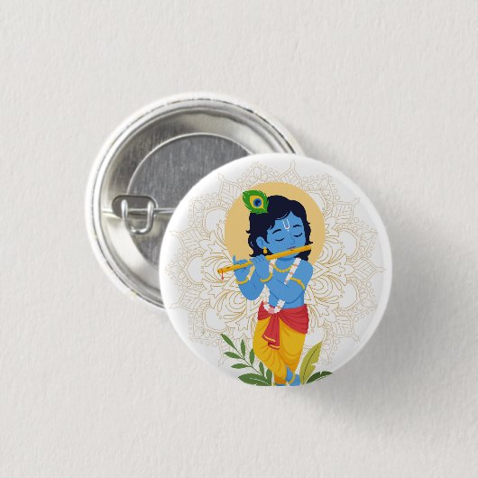 Krishna knoop met fluit ronde button 3,2 cm (Voorkant /achterkant)